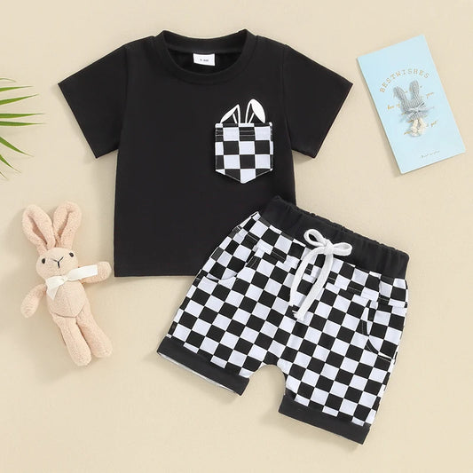 Baby Boy Checkered Short Sleeved T-Shirt and Plaid Shorts Outfit Set