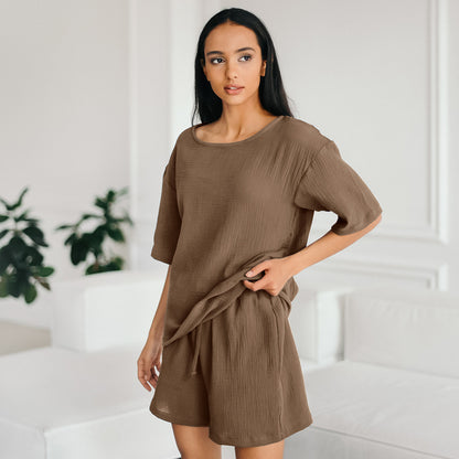 Women's Loose Double-layer Gauze Short-sleeved Shirt and Shorts Two-piece Pajamas Set