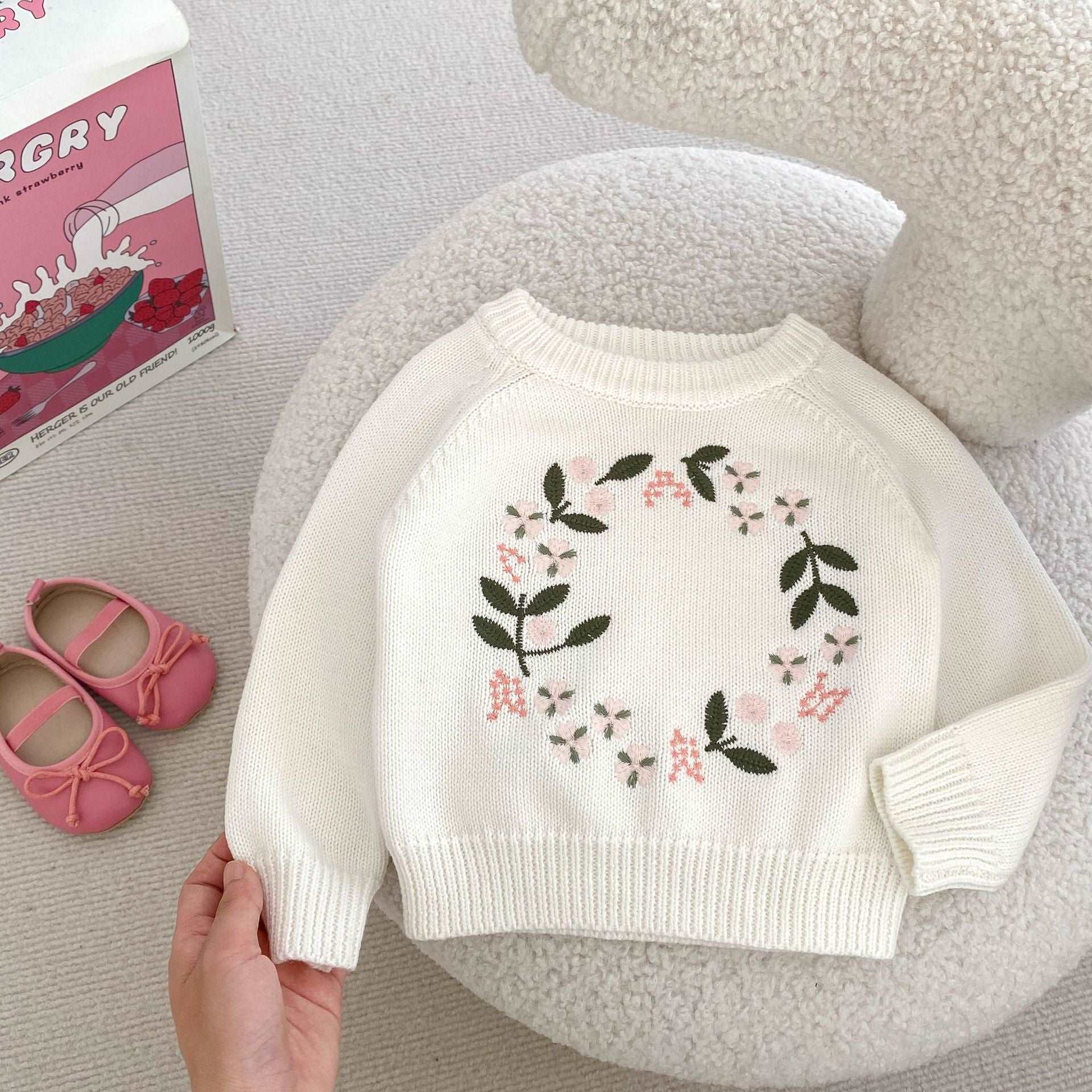 Girl's Knitted Shirt Flower Embroidered Pullover Top