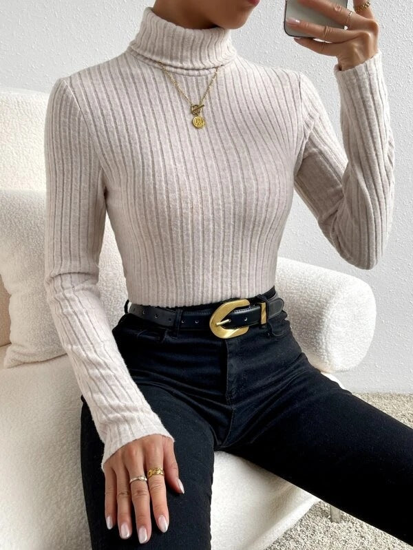 Women's Turtleneck Long-sleeved Striped Knitted Pullover