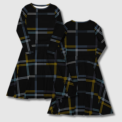 Women's Black Long Sleeve Checkered Midi Dress with pockets