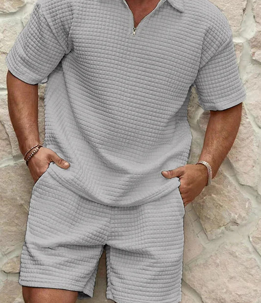 Men's Casual Plaid Jacquard Weave Zip Short Sleeve Outfit Set