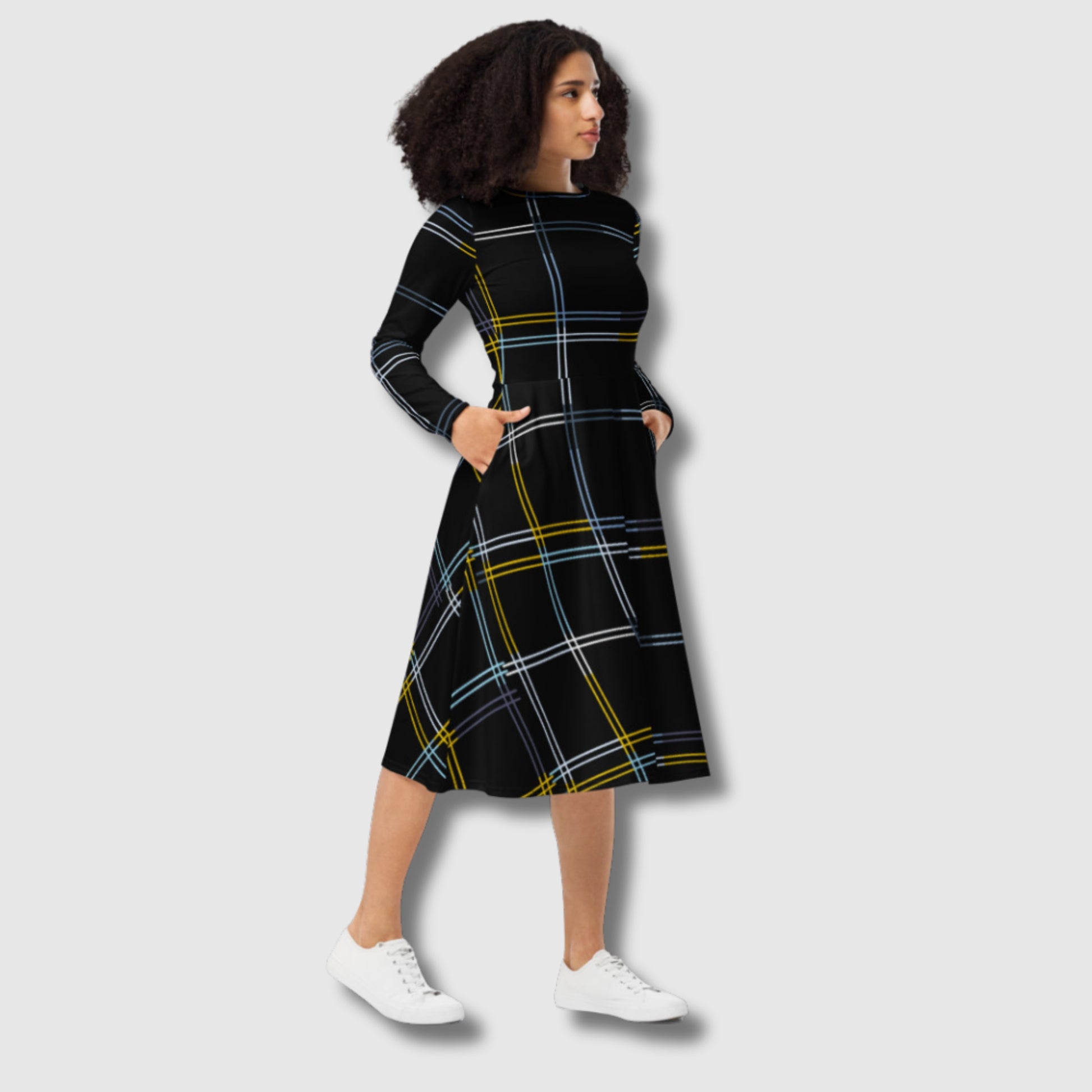Women's Black Long Sleeve Checkered Midi Dress with pockets