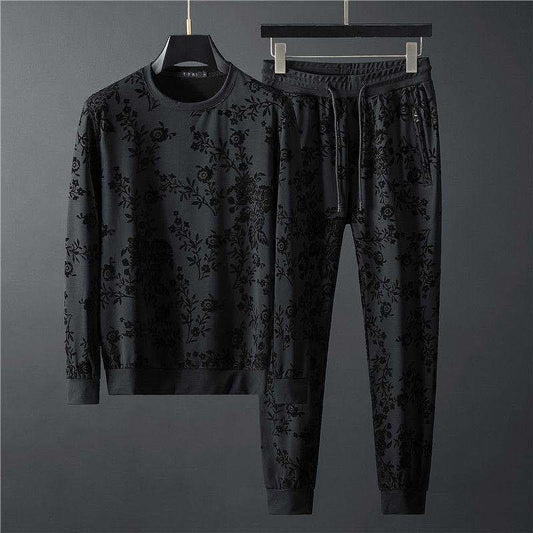 Men's Elegant Jacquard Round Neck Long-sleeved Sweatshirt and Trousers Two-piece Outfit Set