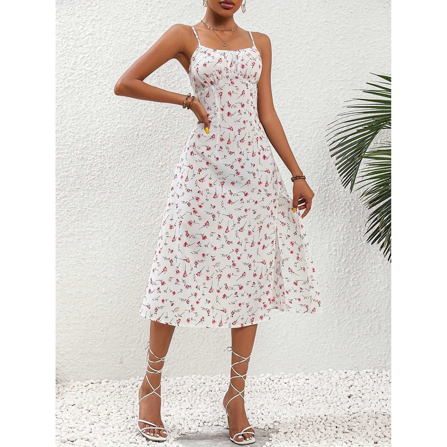 Women's Polka Dot Print Long Suspender Dress with Slit