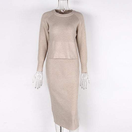 Women's Knitted Long Sleeved Jumper and Long Slit Skirt Outfit Set