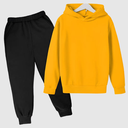 Kids Loose Fitting Solid Color Fleece Hoodie and Pants Two-piece Outfit Set