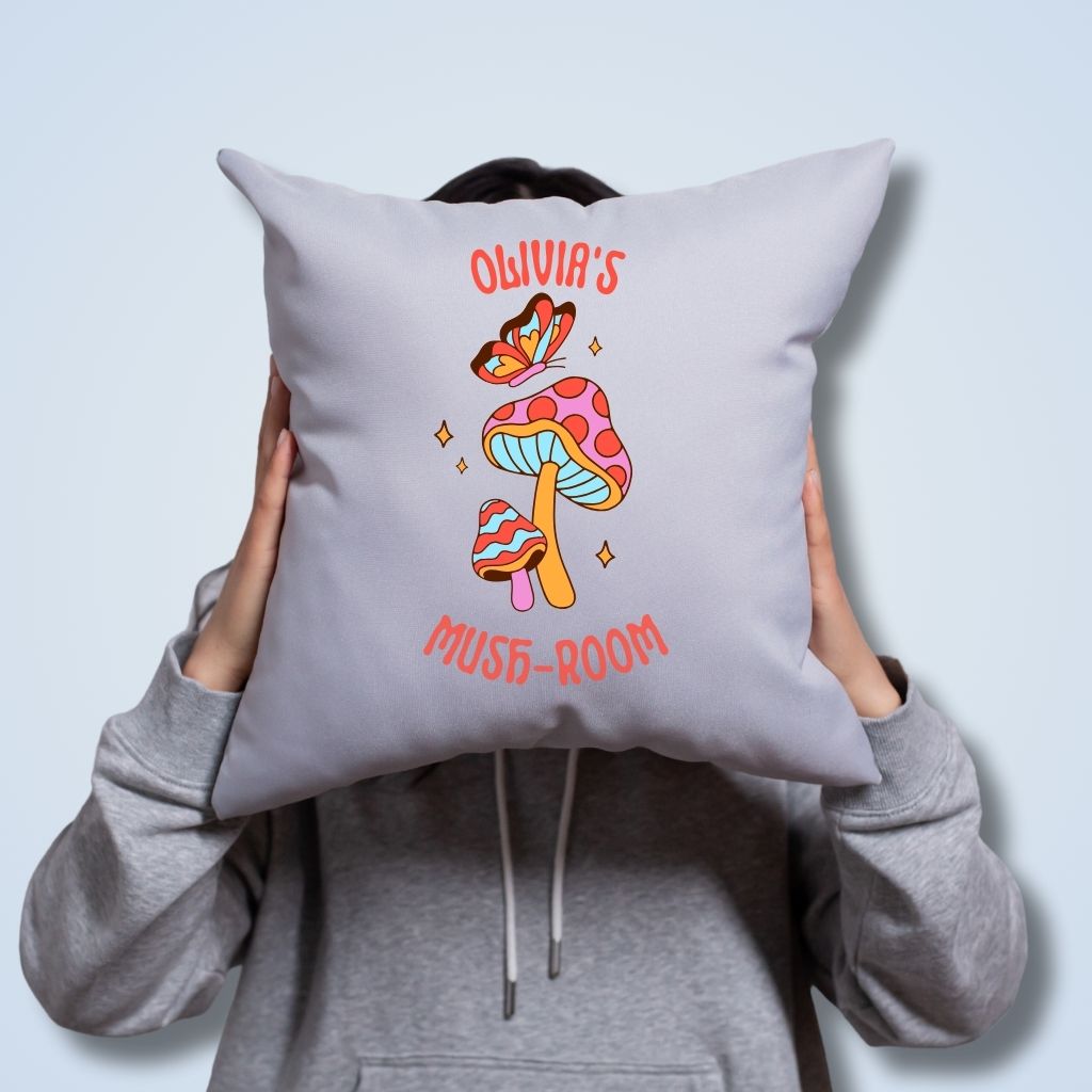 personalized pillow with a mushroom design