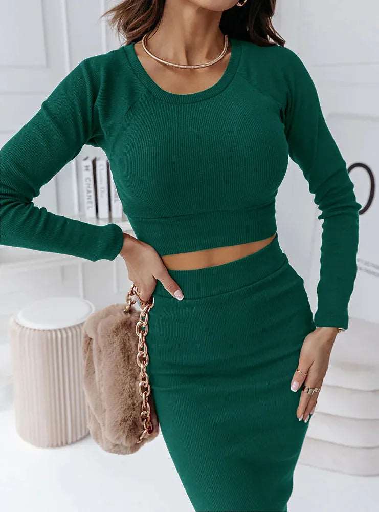 Women's Two-piece Outfit Set Midi Length Skirt and Long Sleeve Top