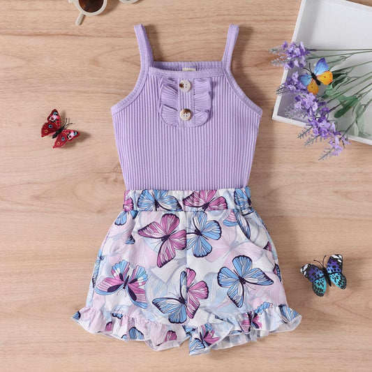 Baby Girl Cute Purple Strap Stripe Top and Butterfly Shorts Two-piece Outfit Set