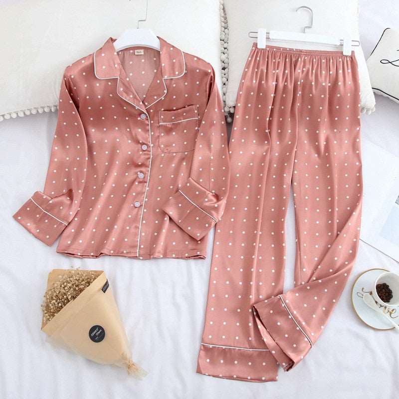 Women's Ice Silk Long Sleeved Shirt and Pants Pajamas Set