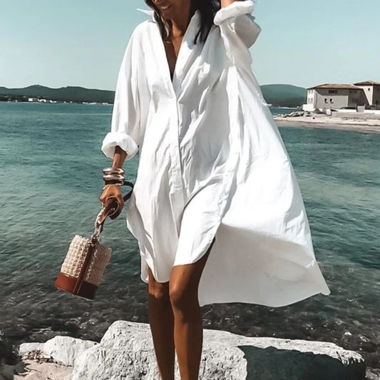 Women's Casual Long Sleeve Shirt Dress | Summer Turn-down Collar Casual Long Sleeve Shirt Dress | Oversized Loose Beach Blouse