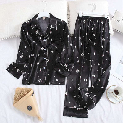 Women's Ice Silk Long Sleeved Shirt and Pants Pajamas Set