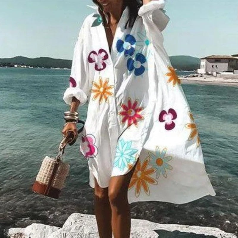 Women's Casual Long Sleeve Shirt Dress | Summer Turn-down Collar Casual Long Sleeve Shirt Dress | Oversized Loose Beach Blouse