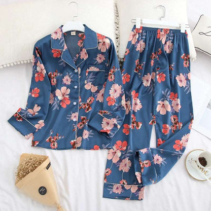 Women's Ice Silk Long Sleeved Shirt and Pants Pajamas Set