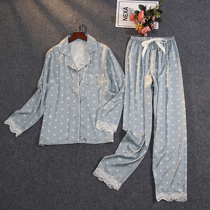 Women's Thin Ice Silk Satin and Lace Two-piece Pajamas Set