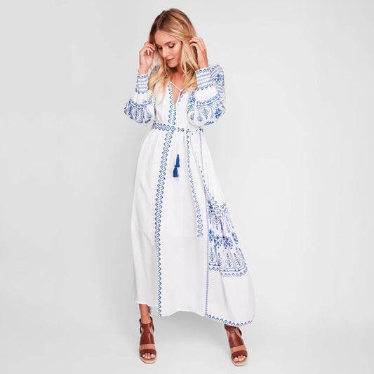 Women's Vintage Boho Beach Hippie Long Sleeve Embroidery Loose Maxi Dress