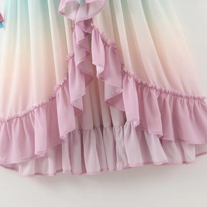 Women's Boho Gradient Rainbow Color Long Dress | Single-breasted Button Long Sleeve Ruffles Dress