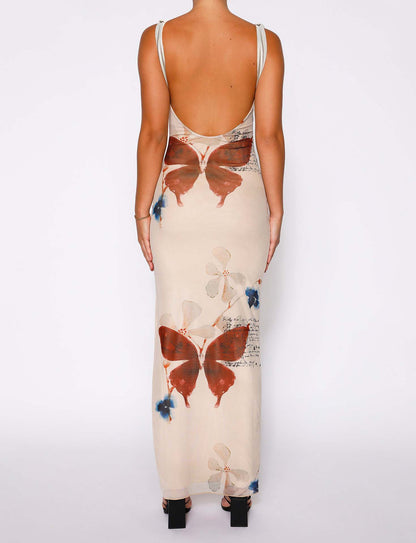 Enges, rückenfreies Kleid mit V-Ausschnitt und Schmetterlings-Print für Damen