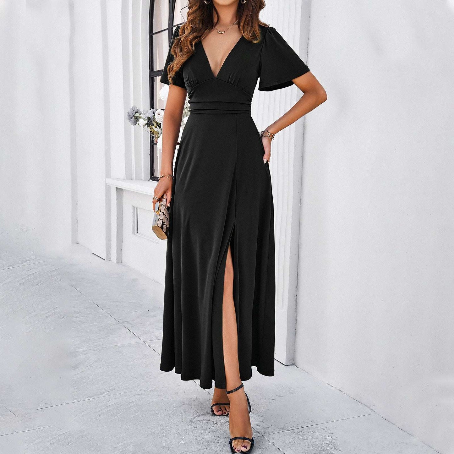 Women's Elegant Solid Color Slim V-neck Dress