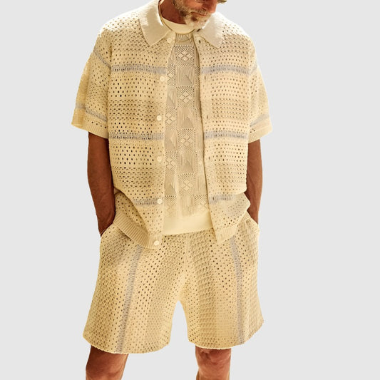 Men's Color Matching Knitted Cardigan and Shorts Two-piece Outfit Set