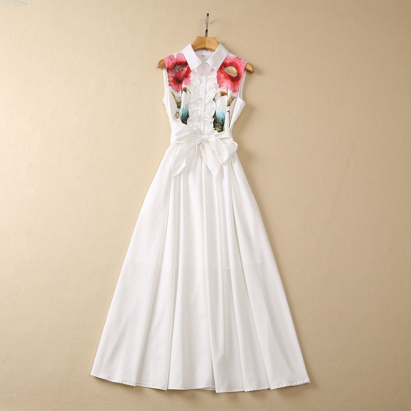 Women's White Color Flower Print Lapel Collar Sleeveless Dress