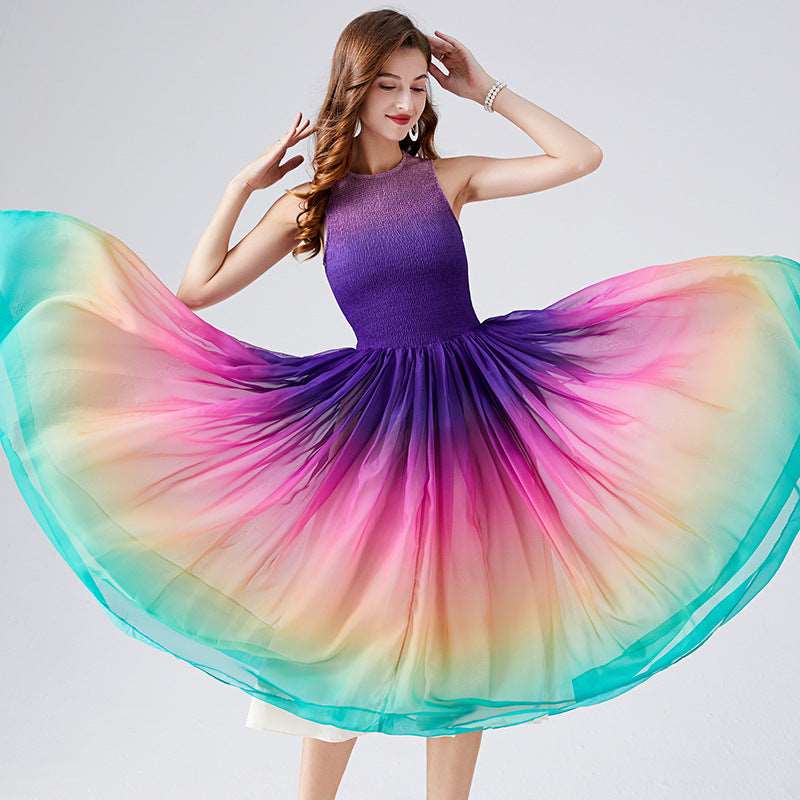 Women's A- Line Rainbow Gradient Chiffon Dress