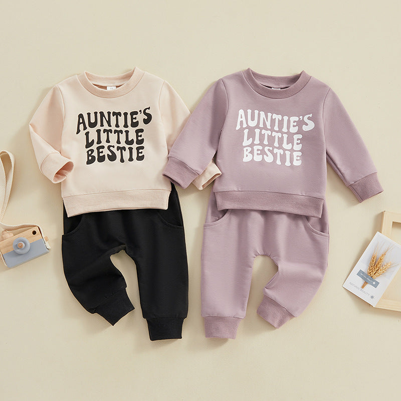 Divdaļīgs apģērba komplekts Baby Auntie's Little Bestie Print ar garām piedurknēm džemperis un bikses