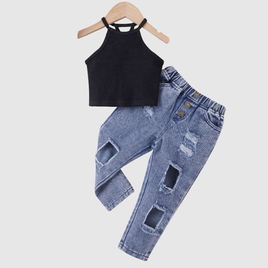 Baby Girl Solid Color Sleeveless Top and Denim Trousers Two-piece Outfit Set