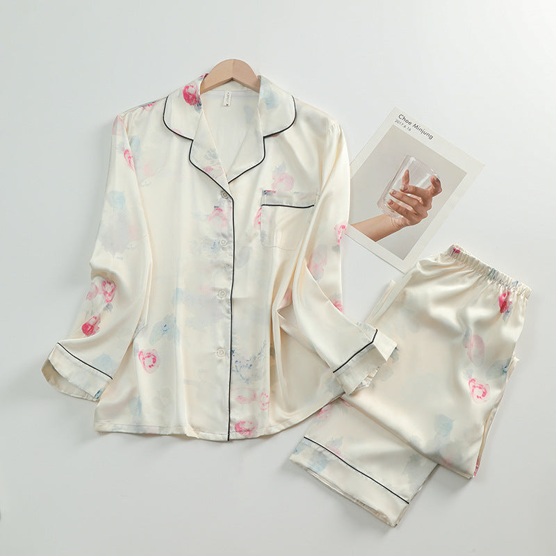 Women's Silk Lapel Collar Long Sleeved Shirt and Pants Pajamas Set