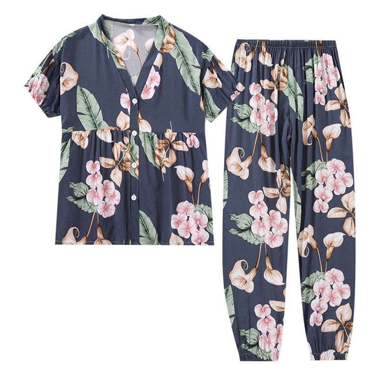 Women's Short Sleeved V-neck Shirt and Pants Thin Pajamas Set
