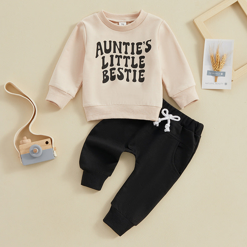 Baby Auntie's Little Bestie Print Long-sleeved Sweatshirt and Pants Two-piece Outfit Set