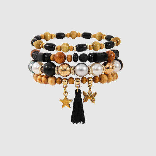 Ethnic Wooden Bead Tassel Bracelet Set