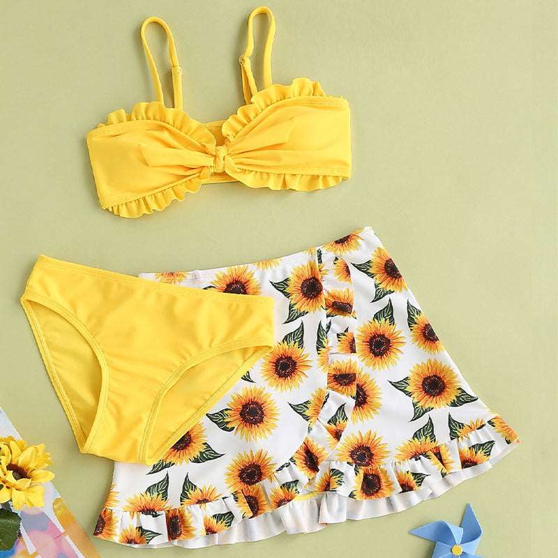 Girl's Sunflower Printed Three-piece Swimsuit Set