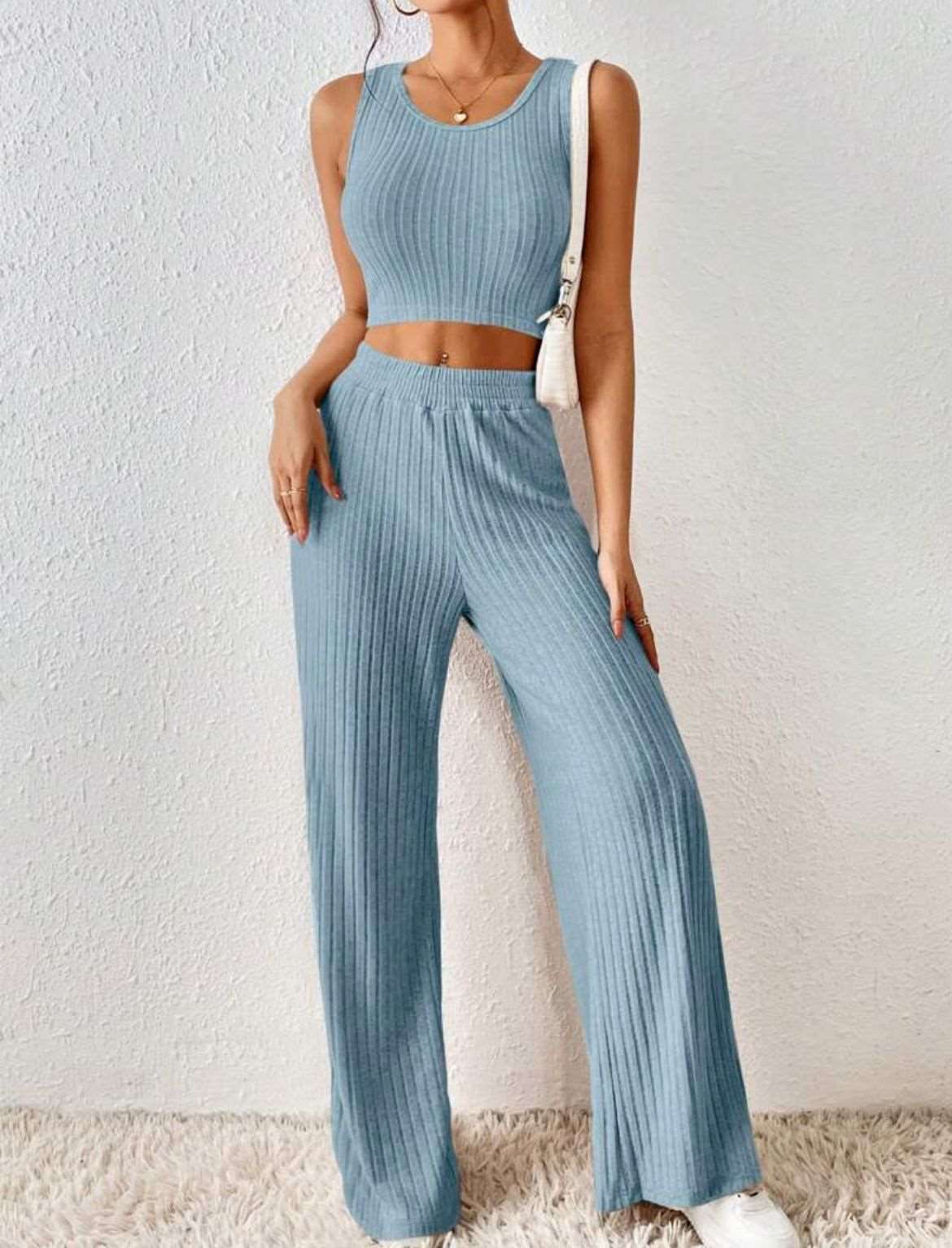 Women's Casual Knitted Top and High Waist Pants Two-piece Outfit Set