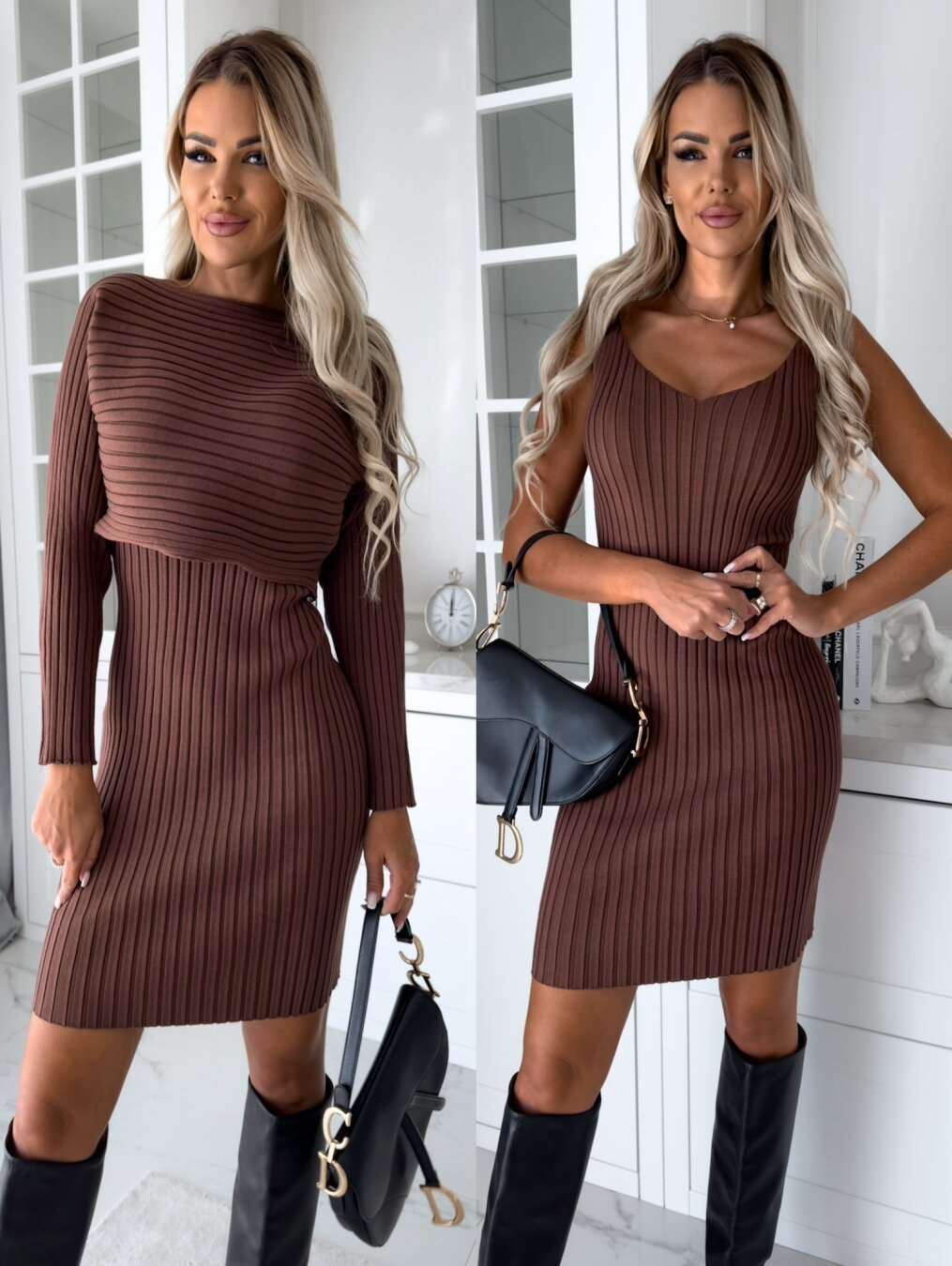 Women's Solid Stripe Long-sleeved Top And Tight Suspender Strap Dress