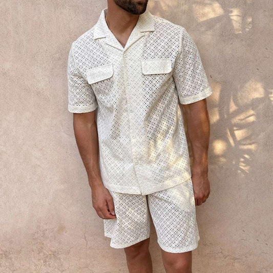 Men's Short Sleeved Shirt and Shorts Two-piece Outfit Set