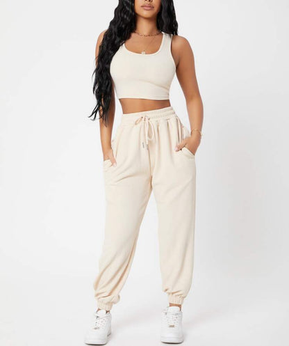 Women's Casual Basics Round Neck Knitted Top and High Waist Pants Outfit Set
