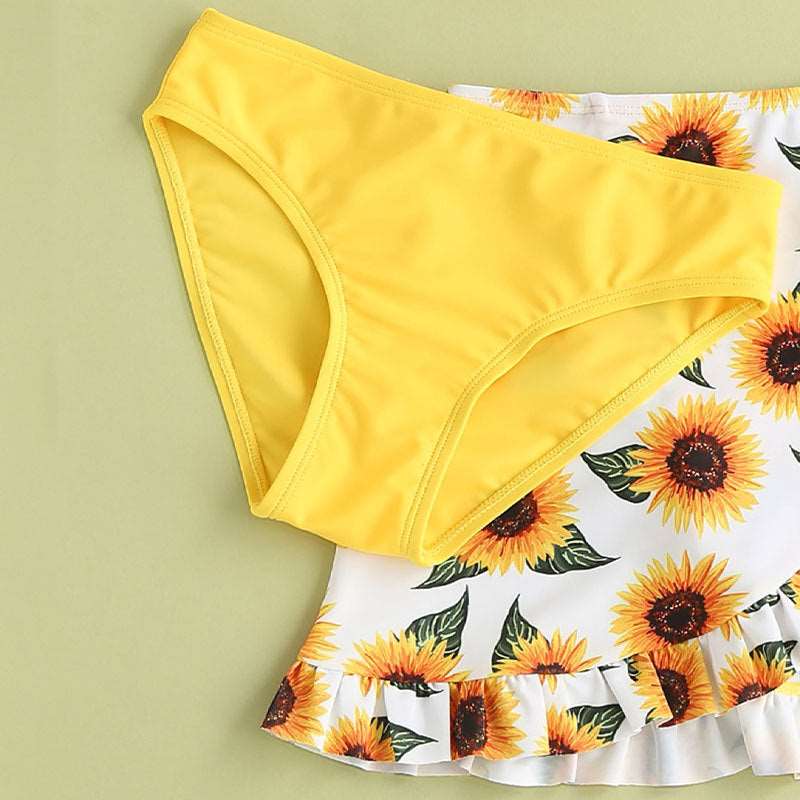 Girl's Sunflower Printed Three-piece Swimsuit Set