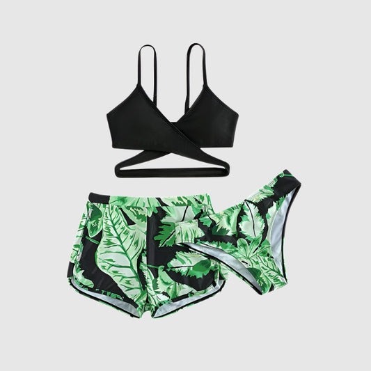 Girls Black and Green Leaf Print Three-piece Swimsuit