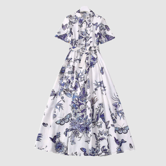 Women's Elastic Flower Butterfly Print Swing Dress