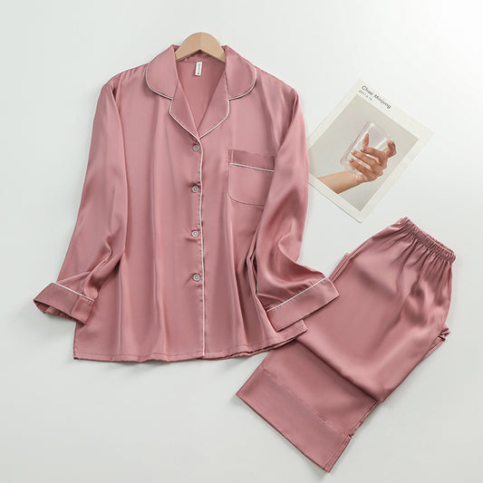 Women's Silk Lapel Collar Long Sleeved Shirt and Pants Pajamas Set