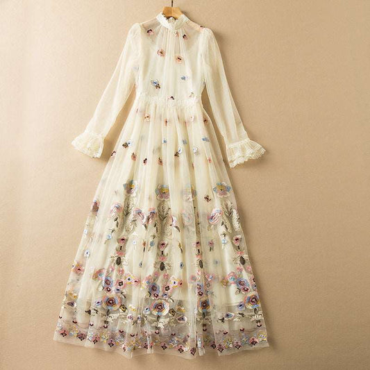 Women's Mesh Embroidery Floral Wide Skirt Long Sleeve Dress
