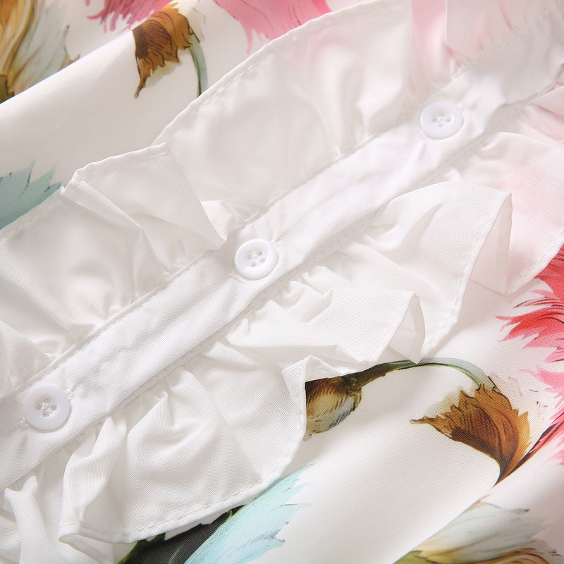 Women's White Color Flower Print Lapel Collar Sleeveless Dress