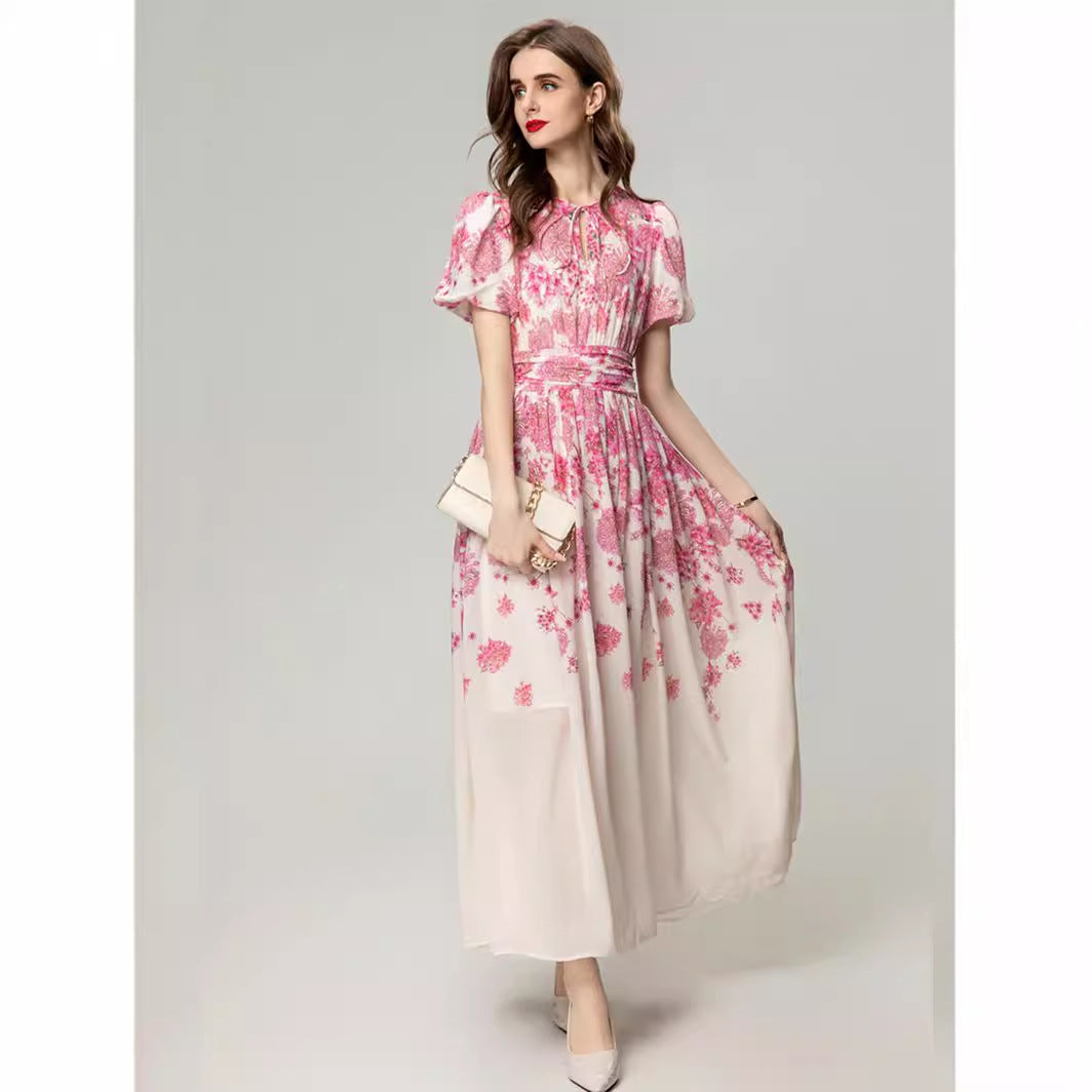 Women's Elegant Waist Sliming Short Sleeve Long Dress