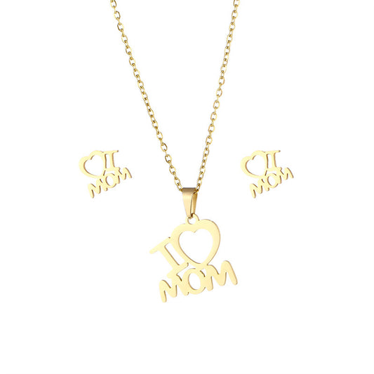 Damen-Schmuckset aus Edelstahl mit Herzanhänger „I Love Mom“ aus Halskette und Ohrringen zum Muttertag