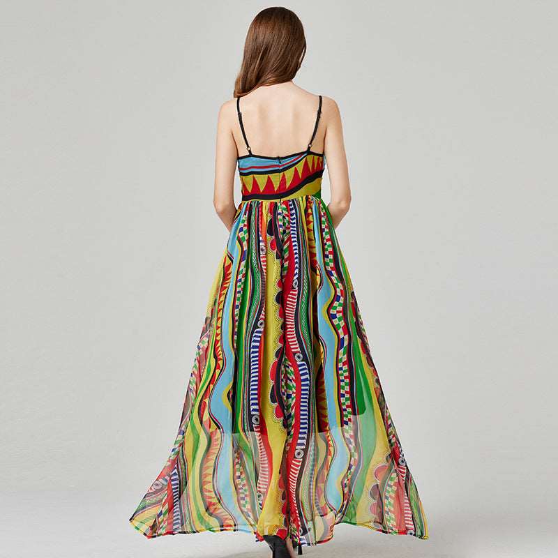 Women's Printed Sling Chiffon High Waist Dress