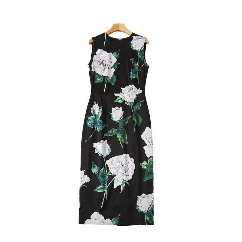 Ärmelloses, schmales Kleid aus Seidenraupenseide mit Rosen-Print für Damen