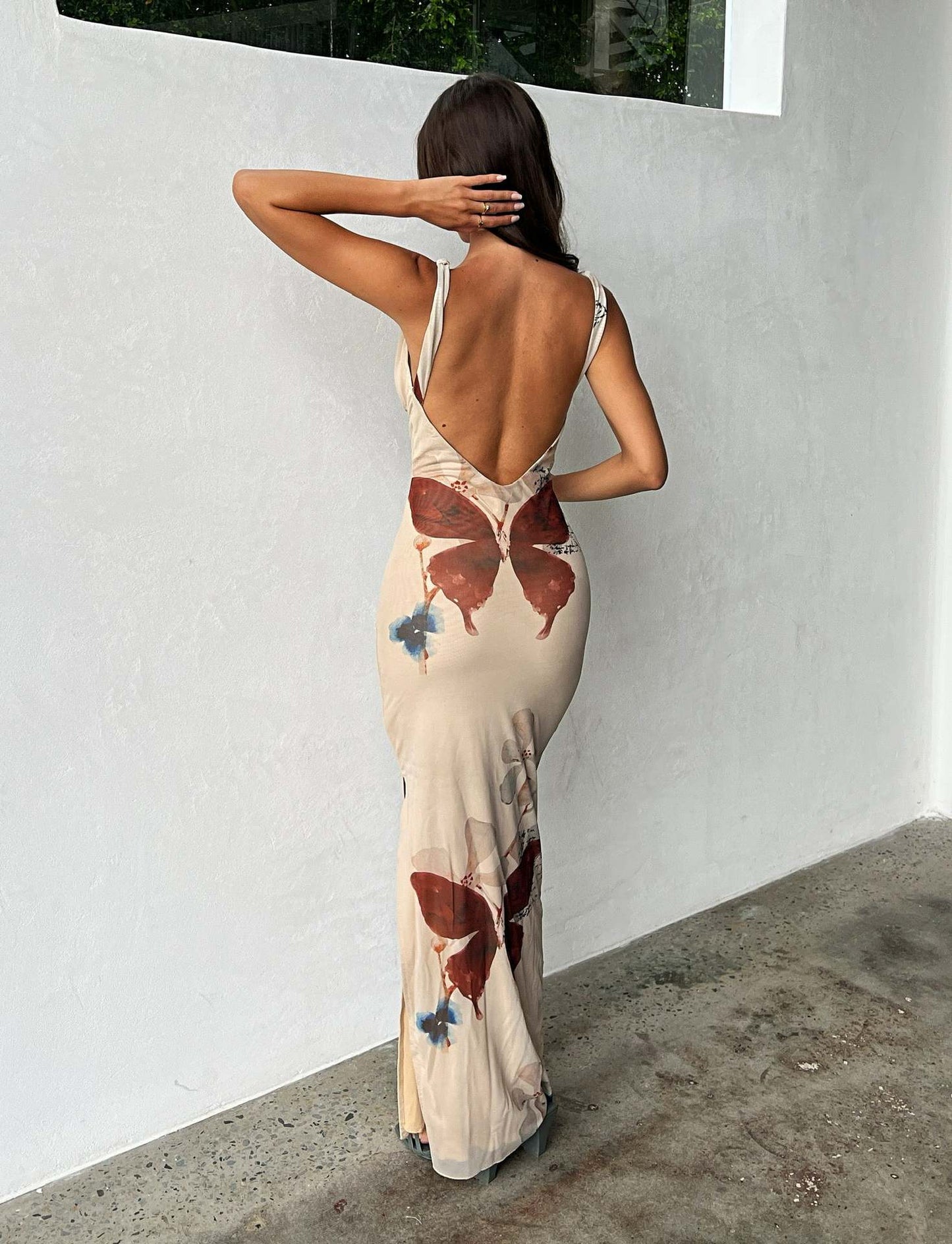 Women's V-neck Backless Butterfly Print Tight Dress