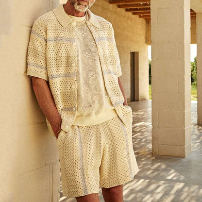 Men's Color Matching Knitted Cardigan and Shorts Two-piece Outfit Set